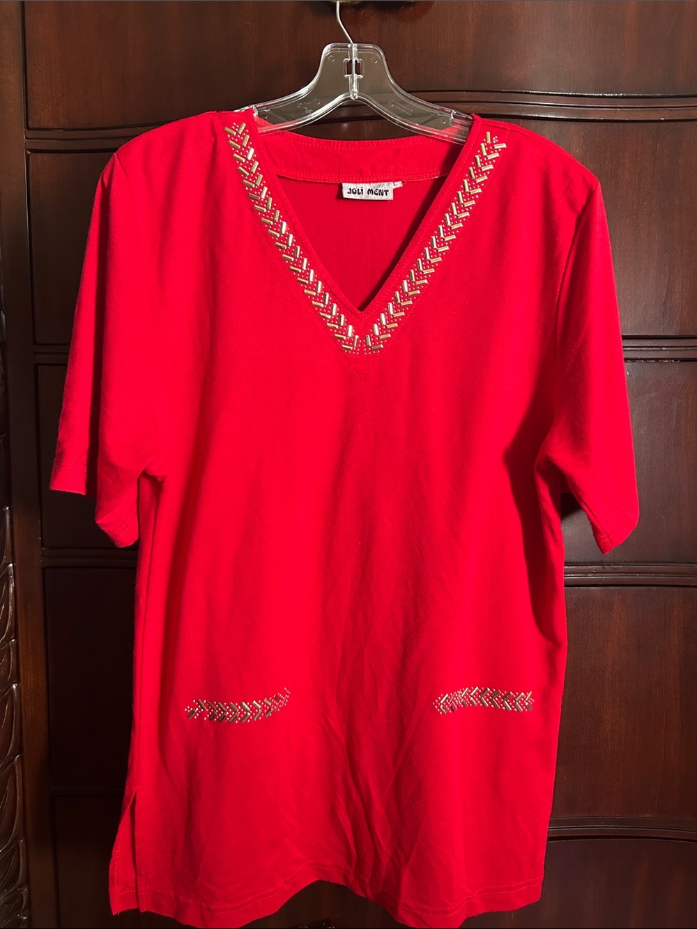 Red V-Neck Embellished Tunic Top